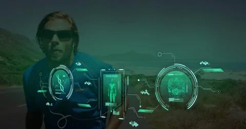 Image of data processing over caucasian man running Stock Photos