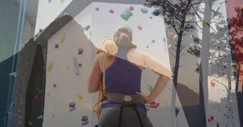 Image of data processing over caucasian woman by climbing wall 写真素材