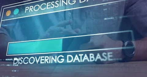Image of data processing over caucasian businessman using smartphone Foto stock