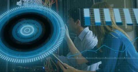 Image of data processing over caucasian male and female engineers working at Stock Photos