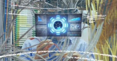 Image of data processing over caucasian male it engineer fixing cables of Stock Photos