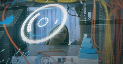 Image of data processing over caucasian female it engineer fixing cables of Foto stock