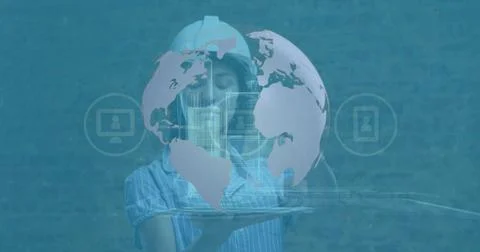 Image of data processing over caucasian female worker with tablet Stock Photos