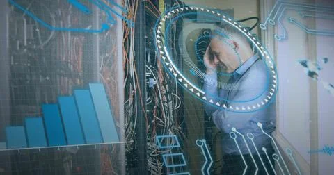 Image of data processing over caucasian server room worker Foto stock