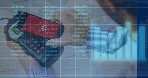 Image of data processing over caucasian man paying with smartphone Foto stock