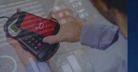 Image of data processing over caucasian man paying with smartphone Stock Photos