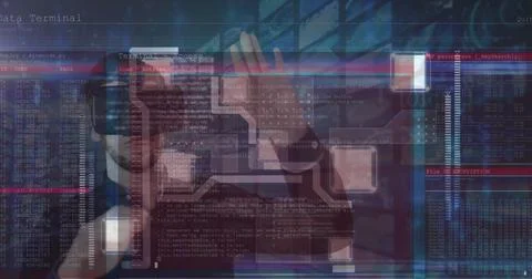 Image of data processing over caucasian man using vr headset Foto stock