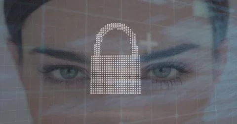 Image of data processing over caucasian woman and padlock Stock Photos