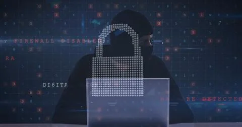 Image of data processing over caucasian male hacker and padlock Stock Photos