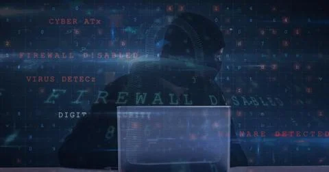 Image of data processing over caucasian male hacker Stock Photos