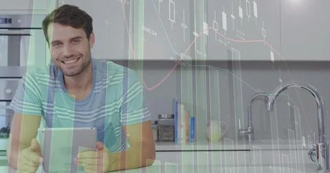Image of data processing over caucasian man using tablet Stock Photos