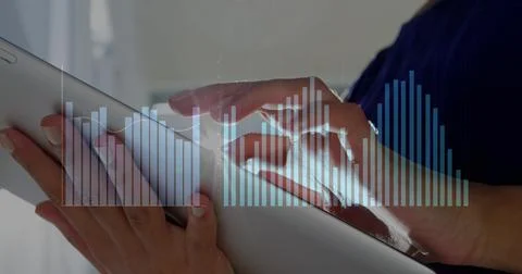 Image of data processing over caucasian man using tablet 写真素材