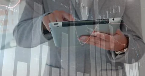 Image of data processing over caucasian man using tablet 스톡 사진