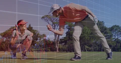 Image of data processing over caucasian golf players Stock Photos