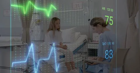 Image of data processing over caucasian female doctor with girl patient 写真素材