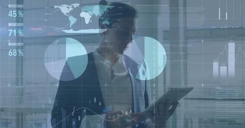 Image of data processing over caucasian businesswoman using tablet 写真素材