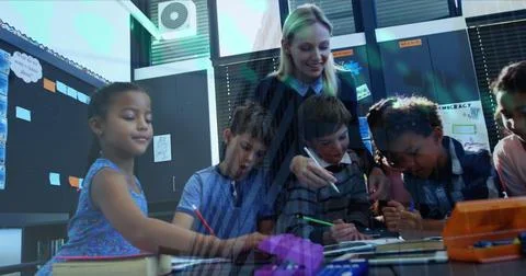 Image of data processing over caucasian female teacher with diverse 写真素材