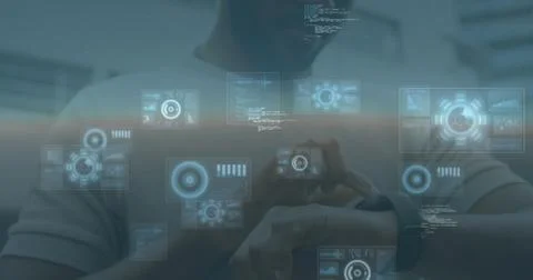 Image of data processing over caucasian man using smartwatch Stock Photos