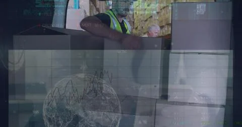 Image of data processing over caucasian delivery man stacking boxes in the back 库存照片