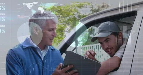Image of data processing over caucasian delivery man and male worker discussing Stock Photos