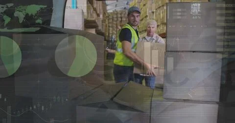 Image of data processing over caucasian delivery man packing boxes Foto stock