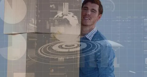 Image of data processing over caucasian man carrying boxes Stock Photos