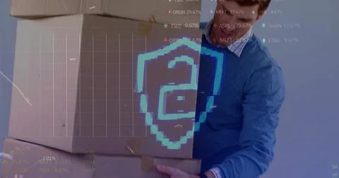 Image of data processing over caucasian man carrying boxes 写真素材