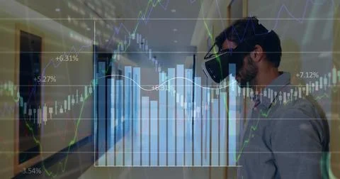 Image of data processing over caucasian man using vr headset Stock Photos