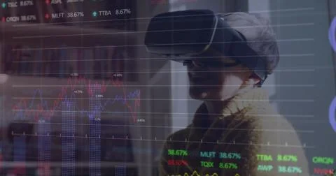 Image of data processing over caucasian woman using vr headset Stockfoto's