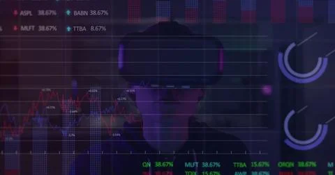 Image of data processing over caucasian woman using vr headset 스톡 사진