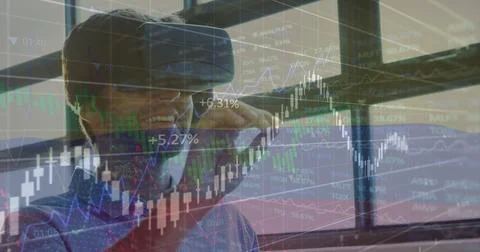 Image of data processing over caucasian man using vr headset Foto stock
