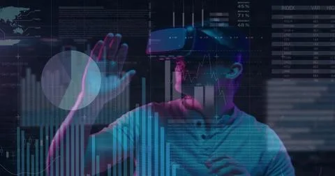 Image of data processing over caucasian man using vr headset 스톡 사진