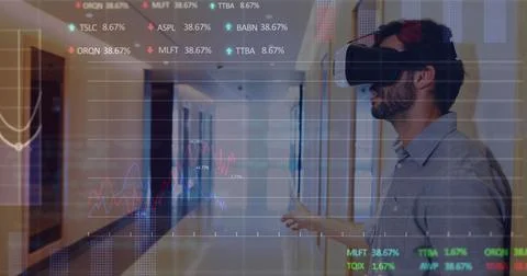 Image of data processing over caucasian man using vr headset Stock Photos