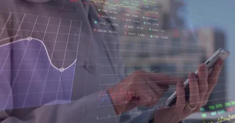 Image of data processing over caucasian businesswoman using smartphone Stock Photos