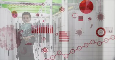 Image of data processing over caucasian male worker in server room Stock Photos