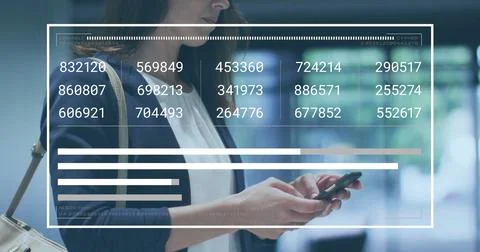 Image of data processing over caucasian businesswoman using smartphone 写真素材