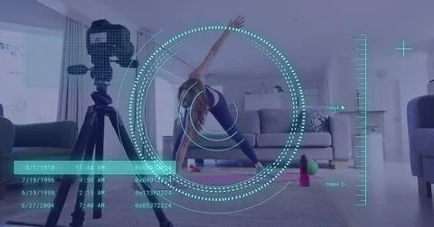 Image of data processing over caucasian woman exercising, recording fitness vlog 스톡 사진