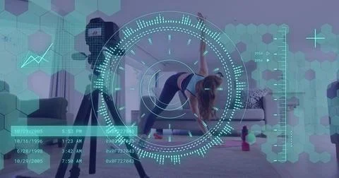 Image of data processing over caucasian woman exercising, recording fitness vlog 스톡 사진