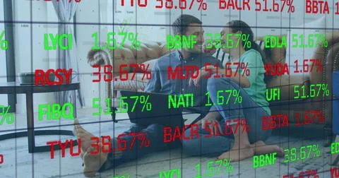 Image of data processing over caucasian couple using laptop Stock Photos