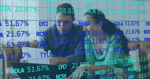Image of data processing over caucasian couple using laptop Stock Photos