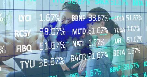 Image of data processing over caucasian couple using laptop Fotos Stock
