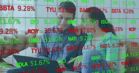 Image of data processing over caucasian couple using laptop Stock Photos