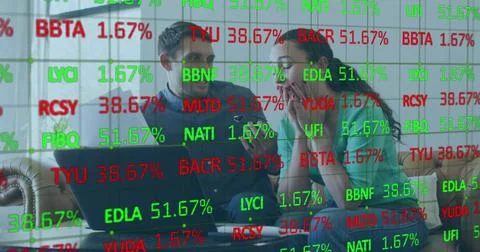 Image of data processing over caucasian couple using laptop Fotos Stock