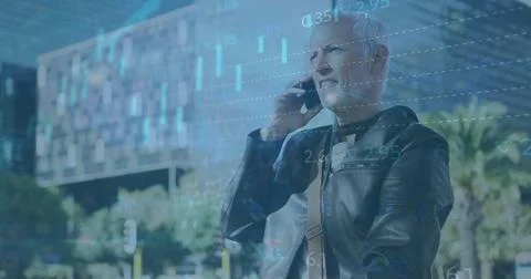 Image of data processing over caucasian man using smartphone Stock Photos