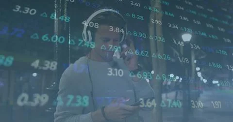 Image of data processing over caucasian man using smartphone Stock Photos