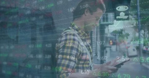 Image of data processing over caucasian man using smartphone 스톡 사진