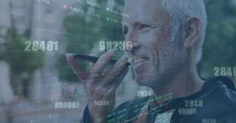 Image of data processing over caucasian man using smartphone Stock Photos