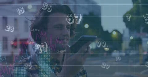Image of data processing over caucasian man using smartphone 写真素材