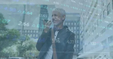 Image of data processing over caucasian man using smartphone 스톡 사진