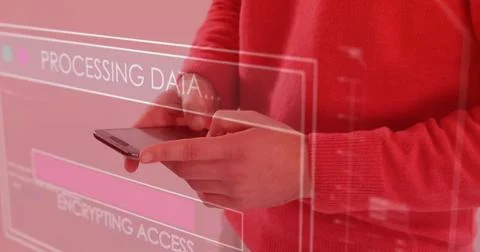 Image of data processing over caucasian man using smartphone Stock Photos